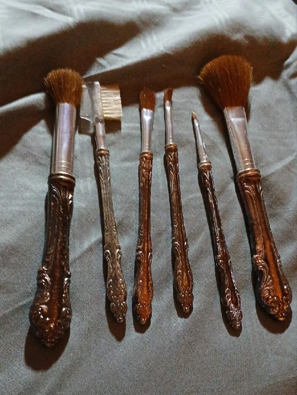 Ornate Silver Makeup Brush Set with Decorative Handles